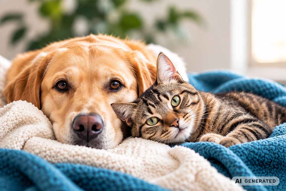 Ein Hund und eine Katze liegen eng aneinander gekuschelt auf einer weichen Decke.
