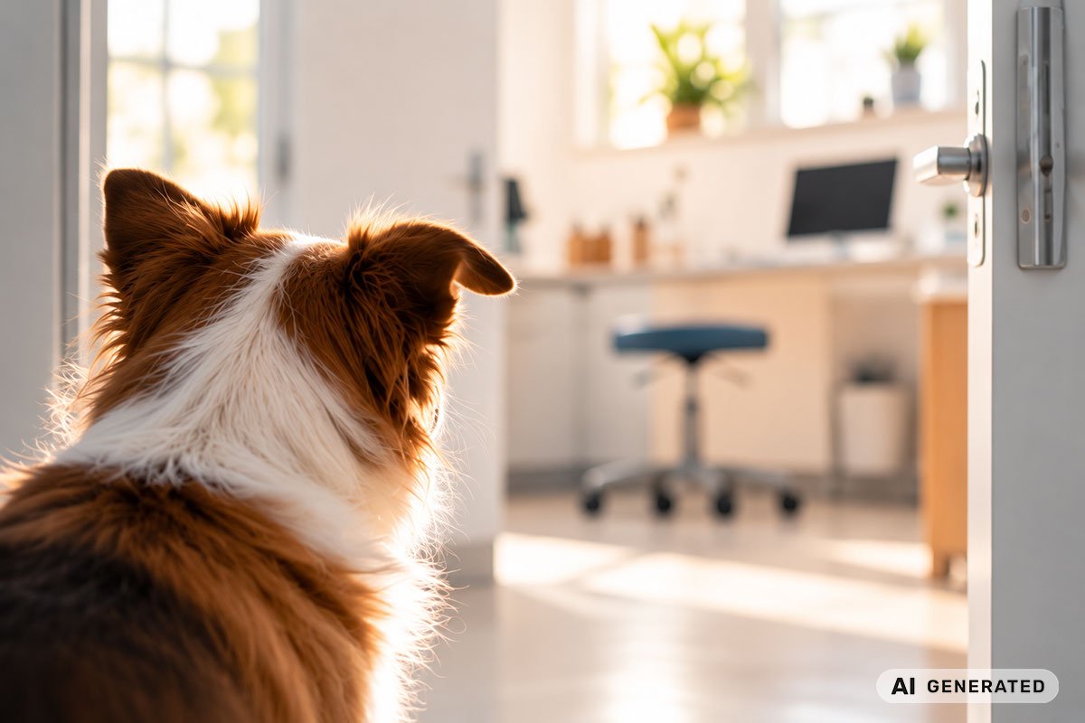 Ein braun-weißer Hund sitzt in einem hellen Raum und blickt in Richtung eines Untersuchungsbereichs.